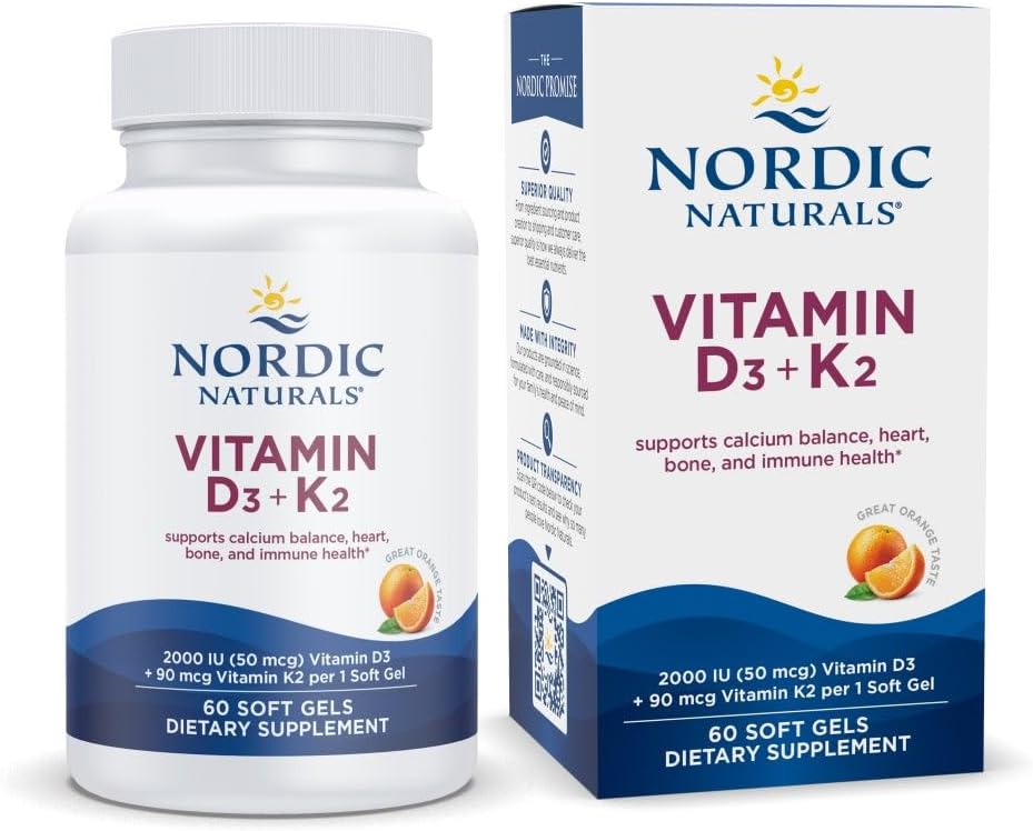 Nordic Naturals Vitamin D3 + K2, Orange Taste - 60 Soft Gels - Synergistic Support for Bones, Immune Function & Calcium Balance - Non-GMO - 60 Servings