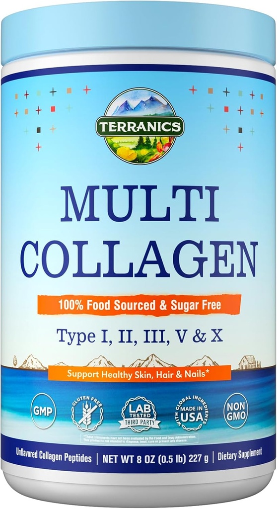 Terranics Multi Collagen Peptides Powder, Type I II III V X Collagen for Women & Men, Collagen Supplements for Skin, Nail, Hair, Easy to Dissolve, Unflavored, No Sugar, Keto, 8oz
