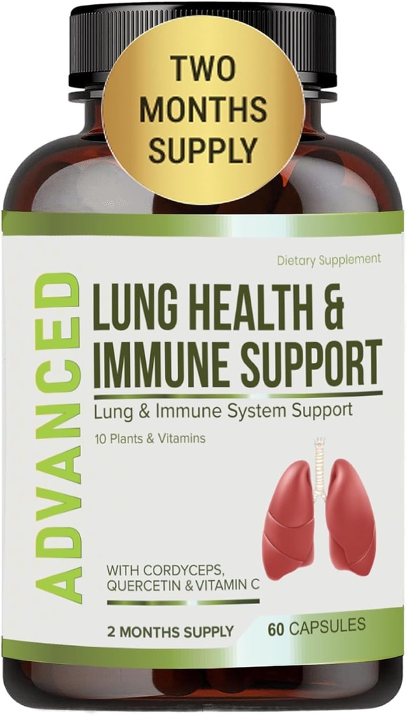 Lung Health & Immune Support Supplement - Lung Cleanse and Detox With Immunity Vitamins For Better Lungs, Immune Defense, Clear Lungs & Deep Breathing Including Quercetin & Cordyceps.Two Months Supply