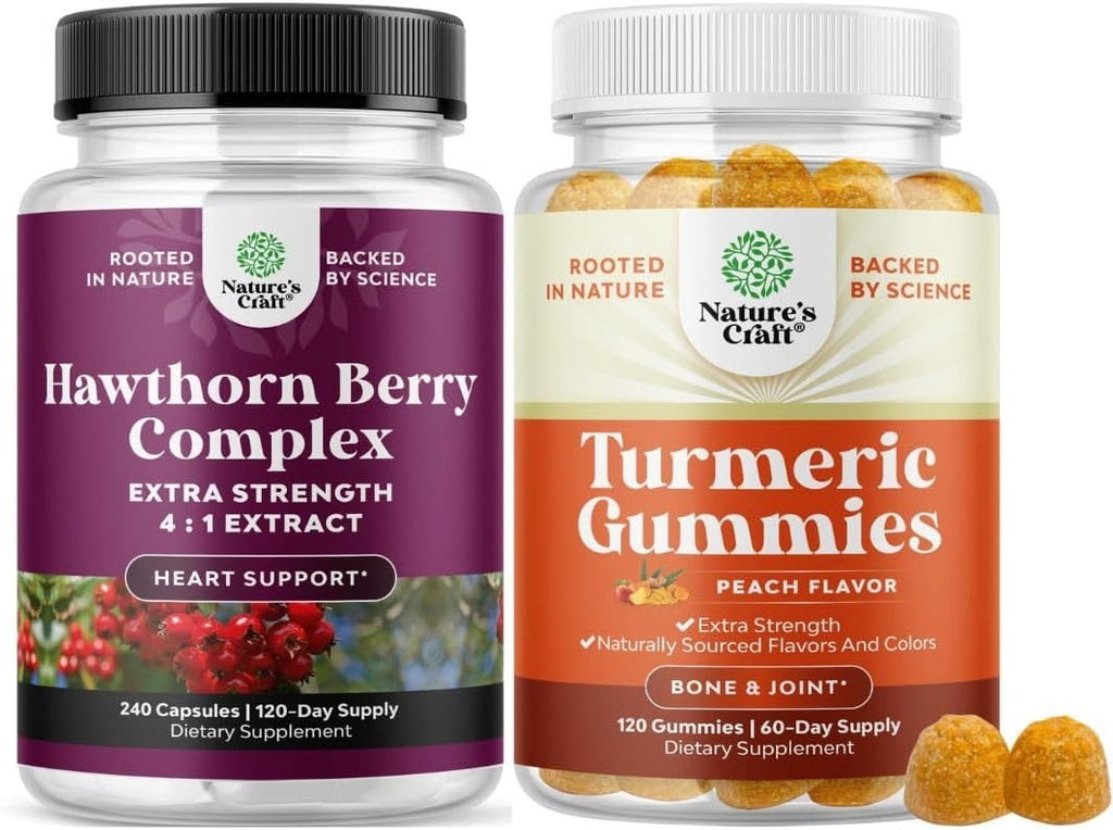Bundle of Extra Strength Hawthorn Berry Capsules - Extract Digestion and Heart Health Supplement and Turmeric Gummies for Adults Peach Flavor - Extra Strength Joint Support Gummies
