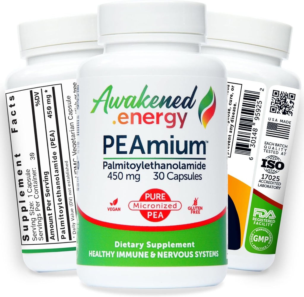 Palmitoylethanolamide 450mg Comfort Mobility Nerves Cognitive & Immune Support - Micronized High Absorption - All Natural Pea - USA Made - No Additives or Excipients - 30 Vegan Capsules Supplement