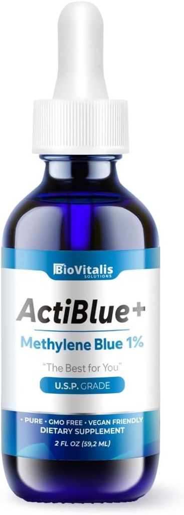 Actiblue+ Methylene Blue 1% : Methylene Blue ISO Certified Third Party Lab Tested 99,9% No Formaldehyde No Alcohol No Gluten&GMO(2Fl.Oz)