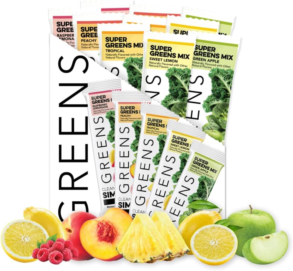 Clean Simple Eats Greens Variety 10 Pack, Greens Powder Mix, Packed with Superfoods Chlorella & Spirulina, Includes 5 Delicious Flavors: Peachy, Green Apple, Raspberry Lemonade, Sweet Lemon & Tropical