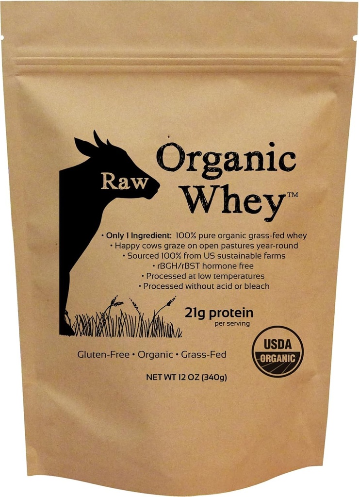 Raw Organic Whey Protein Powder, Grass Fed, Happy Healthy Cows, Undenatured, Hormone Free, Non-GMO, Gluten Free, Unflavored, Unsweetened Protein, 12 oz