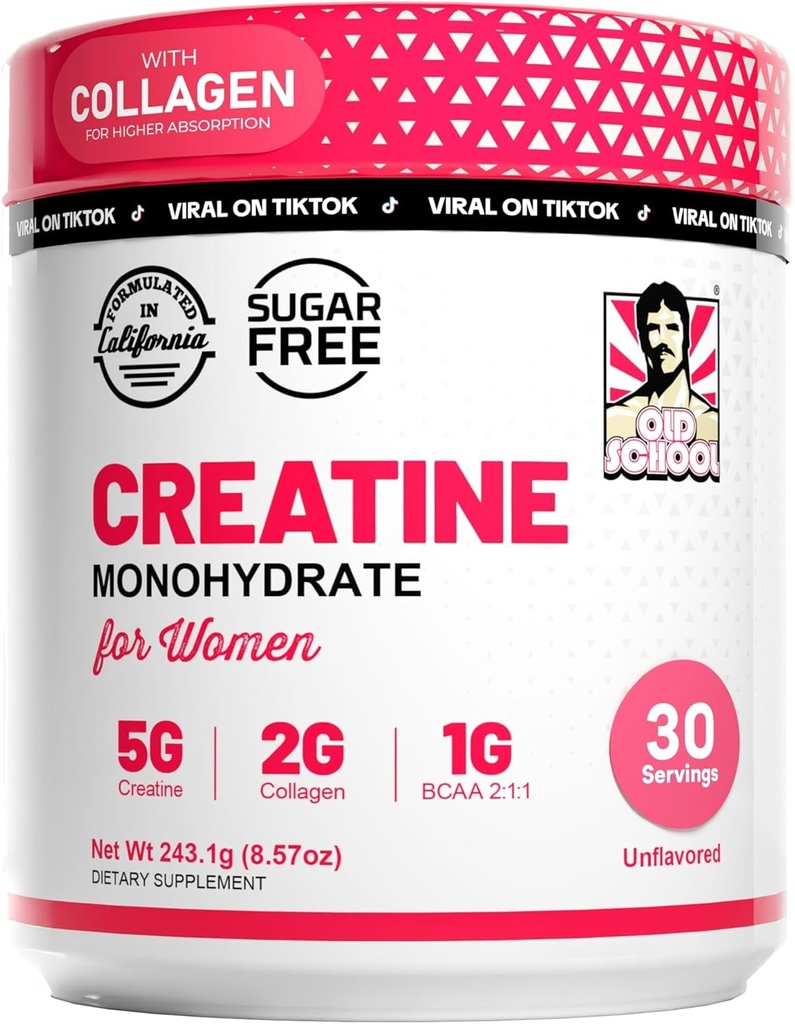 Old School Labs Creatine for Women Post-Workout Supplement - 5000mg Creatine, 2000mg Hydrolyzed Bovine Collagen & BCAA 2:1:1 for Lean Muscle Growth, Fast Recovery & Stamina - 30 Servings