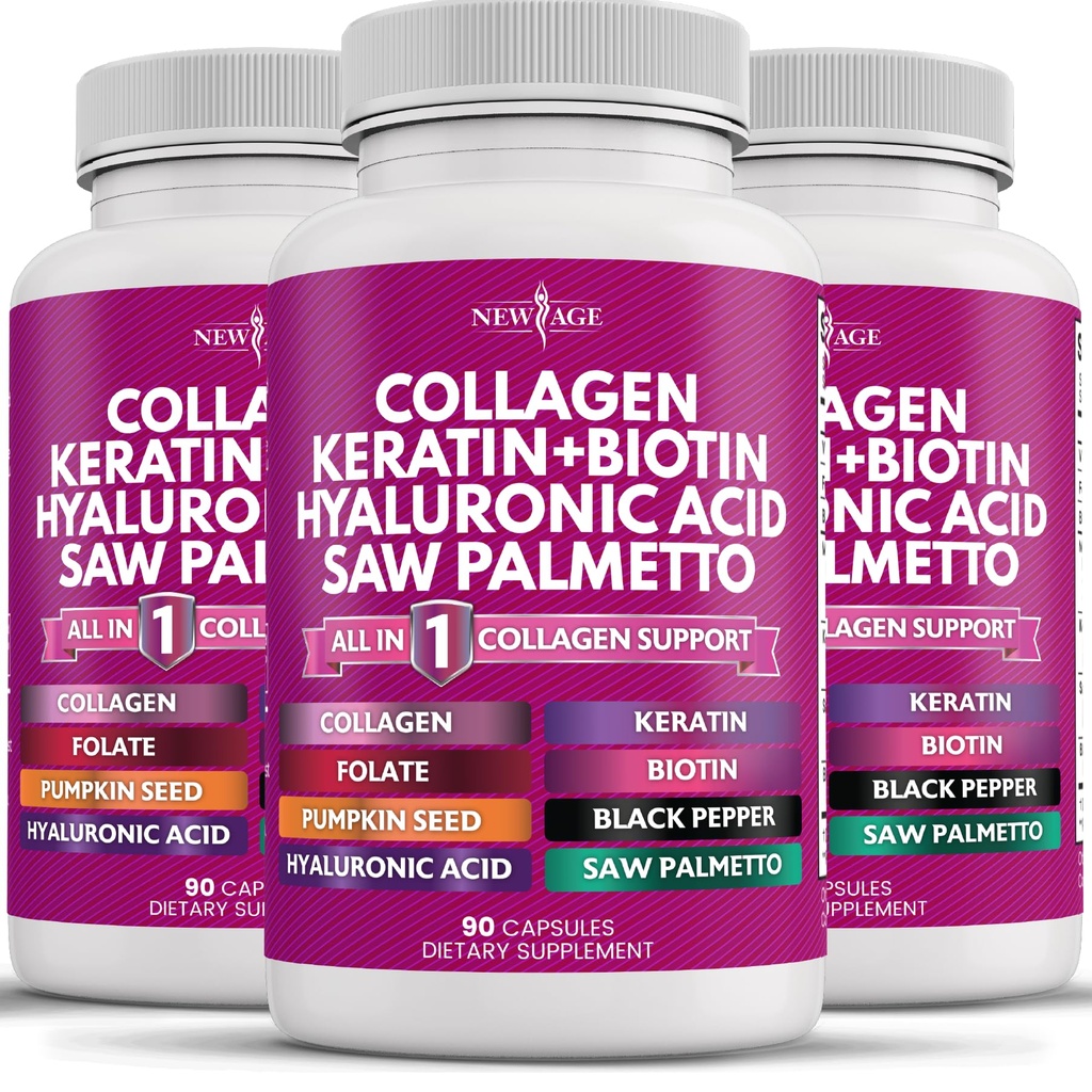 NEW AGE Collagen Pills Biotin Keratin Saw Palmetto Hyaluronic Acid- Vitamin E Folic Acid Pumpkin Seed MSM- 270 Count