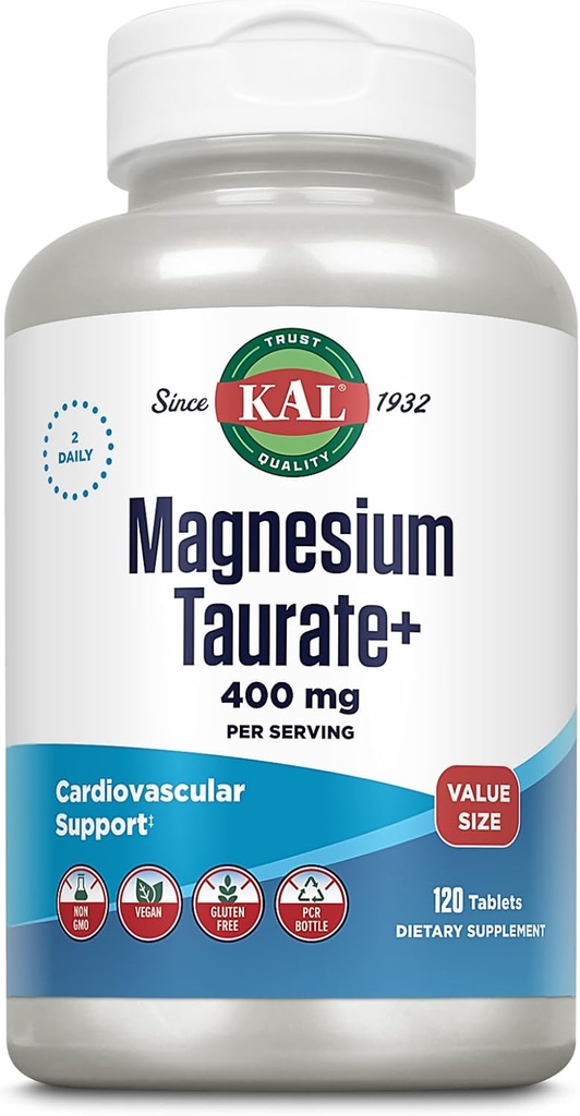 KAL Magnesium Taurate 400mg Plus Vitamin B6, Chelated Magnesium Supplement, High Absorption Magnesium Complex, Muscle and Heart Health Support, Vegan, Gluten Free, 60-Day Guarantee, 60 Serv, 120 Tabs