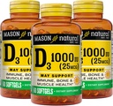 MASON NATURAL Vitamin D3 25 mcg (1000 IU), Bone & Immune Support, from Fish Liver Oil, 60 Softgels (Pack of 3)