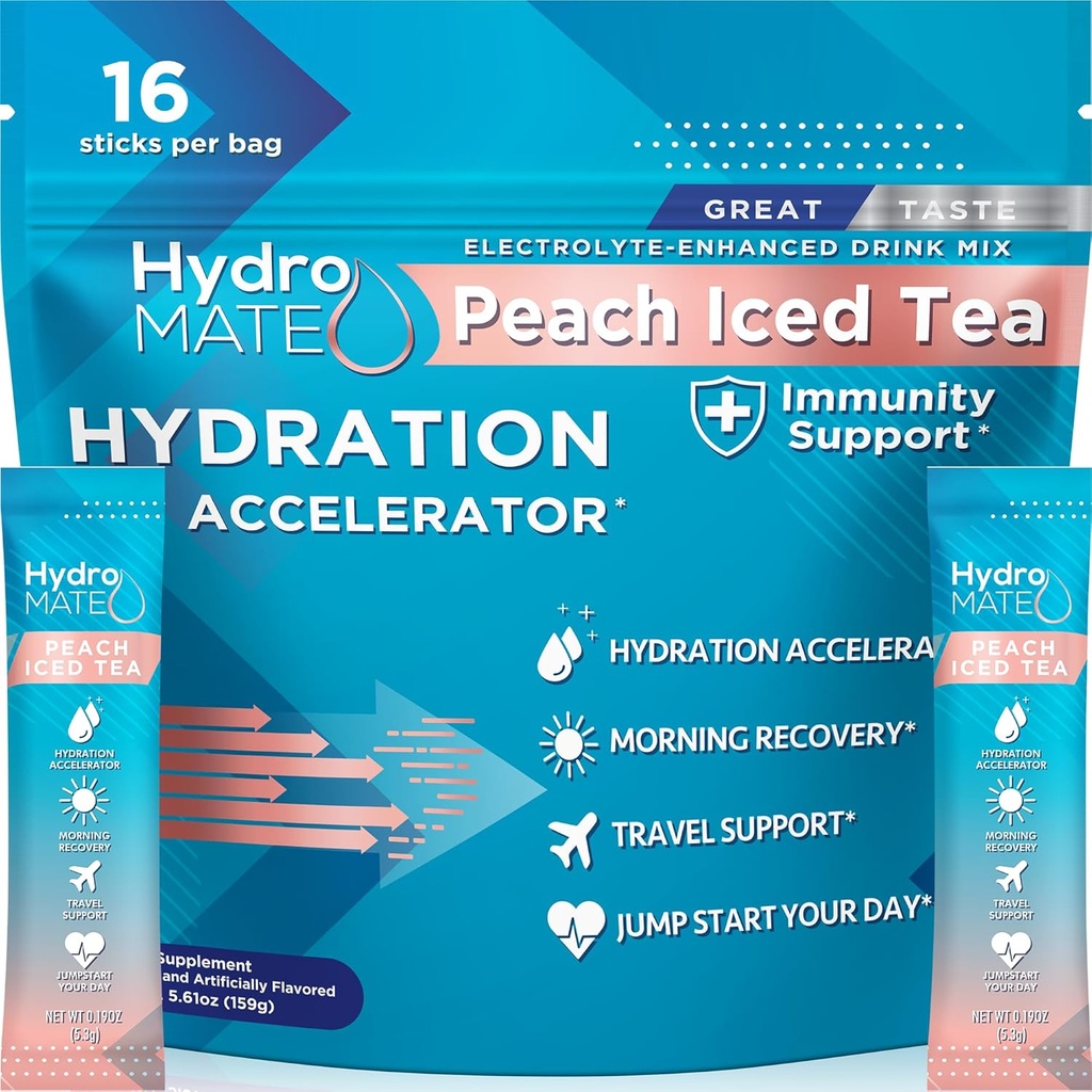 HydroMATE Electrolyte Powder Peach Tea Hydration Packets Low Sugar 16 Count