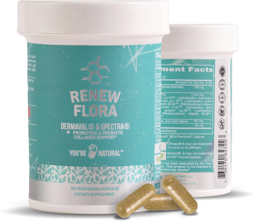 Renew Flora - Advanced Collagen & Skin Support - Antioxidant Plus Digestive enzymes and Gut Support for Women & Men with Clinical Studies - Lactobacillus and 12 Registered probiotics - 30 Day Supply