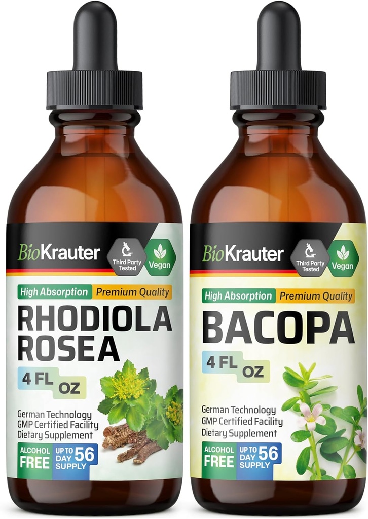 BIO KRAUTER Rhodiola Rosea Tincture 4 Fl. Oz. & Bacopa Tincture 4 Fl. Oz.