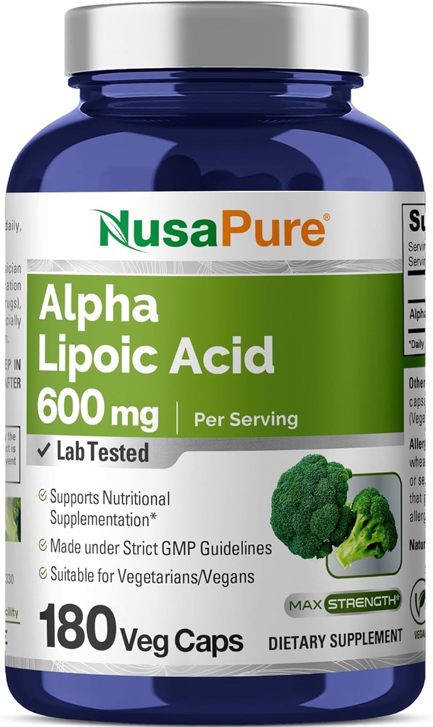 NusaPure Alpha Lipoic Acid 600 mg per Serving 180 Veggie Capsules (Vegetarian, Non-GMO, Vegan)