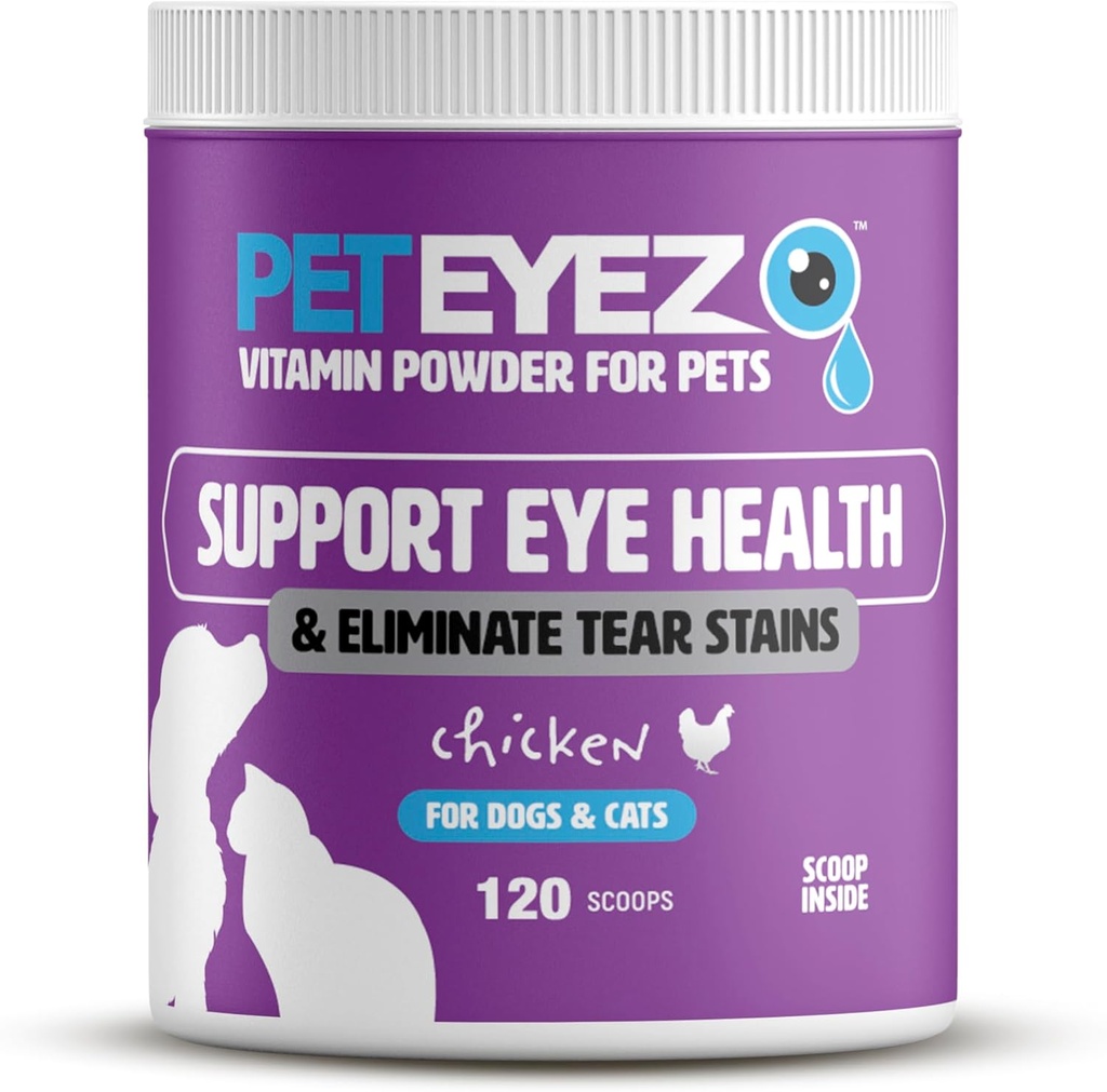 Pet Eyez Vitamin Powder for Pets - Supports Eye Health & Reduces Tear Stain Buildup - 100% Natural Food Topper for Dogs & Cats with Superfoods, Antioxidants & Nutrients - Chicken Flavor - 120 Scoops