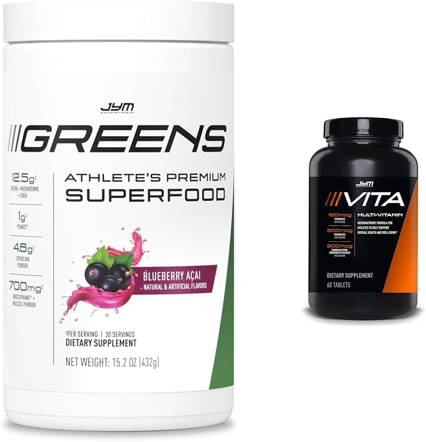 JYM Greens Super Food Blueberry Acai Powder with Spirulina & Vita JYM Multivitamin for Athletes 60 Tablets
