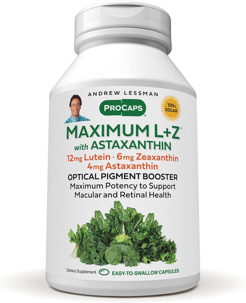 ANDREW LESSMAN Maximum L+Z with Astaxanthin 60 Softgels - 12mg Lutein, 6mg Zeaxanthin, 4mg Astaxanthin. Key Nutrients to Support Eye and Brain Health, and Promote Healthy Vision.