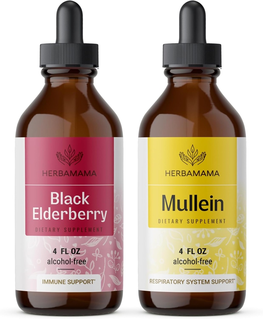 HERBAMAMA Herbal Liquid Drops Kit - Bundle of Black Elderberry Extract and Mullein Leaf Tincture 4 fl oz - Vegan, Non-GMO, Sugar & Alcohol-Free - 2 Pack