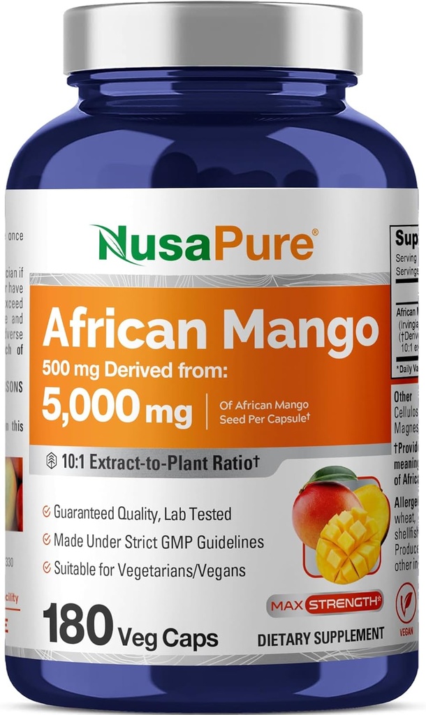 NusaPure African Mango 10:1 Extract, 500 mg Equivalent to 5,000 mg per Veggie Caps 180 Capsules (Non-GMO, Vegan)