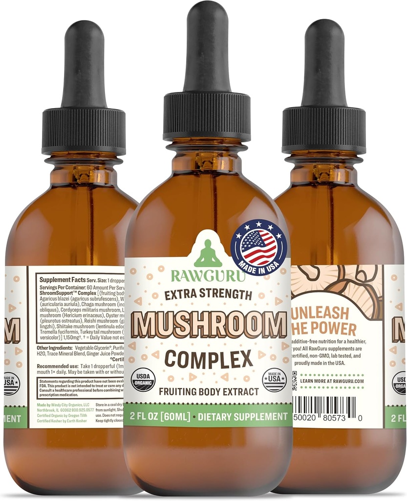 RawGuru Organic Mushroom Complex Tincture - Organic Mushroom Extract with Trace Minerals - Nano-Processed Cognitive & Immune Support Supplement - 60 Servings of Vegan Drops per 60 ml, Pack of 1