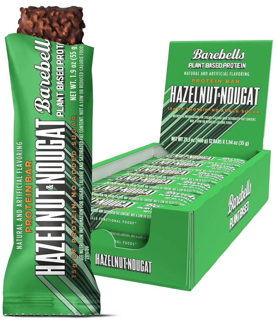 Barebells Vegan Protein Bars Hazelnut & Nougat - 12 Count, 1.9oz Bars - Features Plant Based Protein Bar with 15g of Protein - Chocolate Protein Snacks with Only 1g of Total Sugars - Ideal for