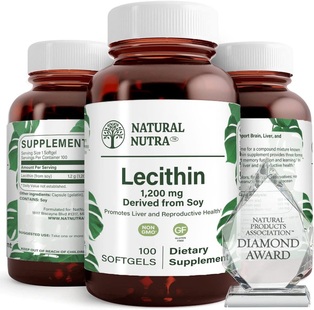 Natural Nutra Soy Lecithin 1200 mg Dietary Supplement - Brain Function, Liver Health, Hepls Breast Health, Memory Boosting Supplement - Gluten-Free, BPA-Free, 100 Softgels in Recyclable Glass Bottles