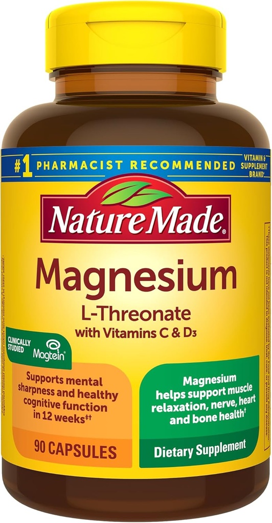 Nature Made Magnesium L-Threonate with Vitamin C & Vitamin D3, Provides 130 mg of Mag from 1800 mg Magnesium L Threonate, Cognitive Support Magnesium Supplement, 90 Capsules, 30 Day Supply