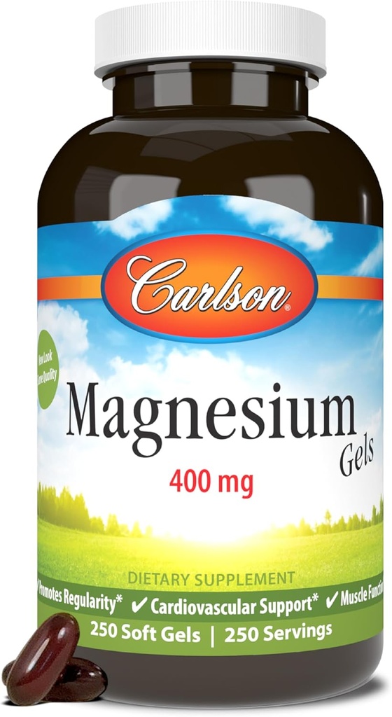 Carlson - Magnesium Gels, 400 mg of Magnesium per Softgel, Heart & Muscle Support, Magnesium Gel Caps, Bowel Function, Magnesium Supplement, 250 Softgels