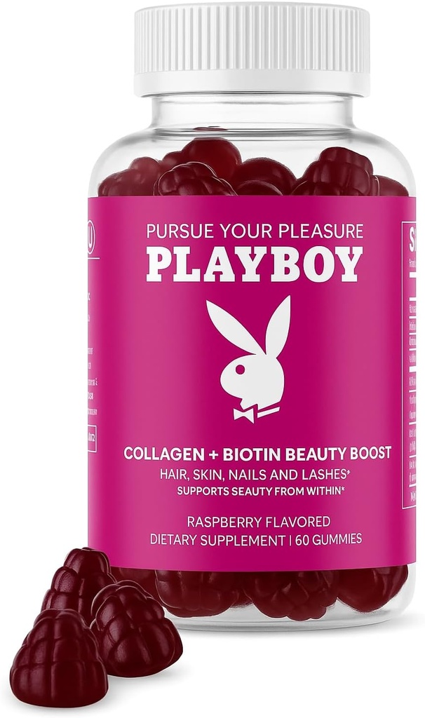 Playboy - Collagen + Biotin Beauty Boost Gummies for Hair, Skin, Nails & Lashes (60 Gummies) - Raspberry Flavored Biotin & Collagen Supplement for Women & Men - Non-GMO, Gluten Free, Nut Free Gummy