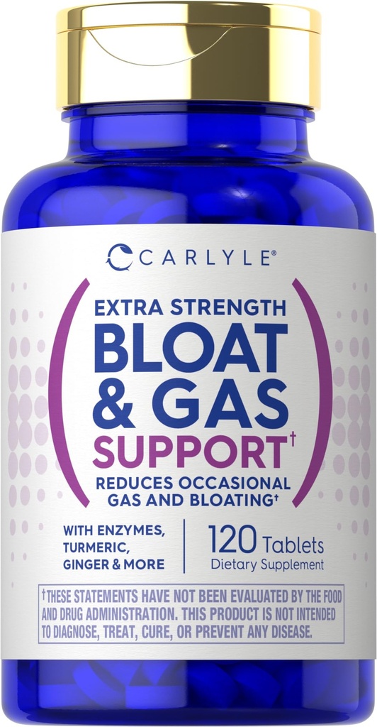 Carlyle Bloat & Gas Support for Men & Women | 120 Tablets | Extra Strength Pills | Supplement with Enzymes, Turmeric, Ginger & More | Non-GMO & Vegetarian Formula