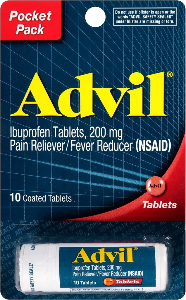 Advil Coated Tablets Pain Reliever and Fever Reducer, Ibuprofen 200mg, 4 x 10 Count Vial, Fast Pain Relief, Pocket Pack