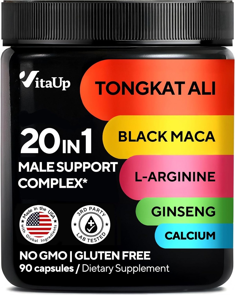 Tongkat Ali for Men 20 in 1 with Astragalus - USA Made Mens Supplement Complex with Black Maca Root, L-Arginine, Ginseng, Calcium, Astragalus for Normal Strength & Endurance Support - 90 Caps