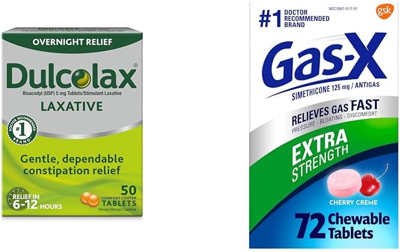 Dulcolax Overnight Relief Laxative for Gentle Constipation Relief, Bisacodyl 5 mg Tablets, 50 Count & Gas-X Extra Strength Chewable Gas Relief Tablets with Simethicone 125 mg for Bloating Relief