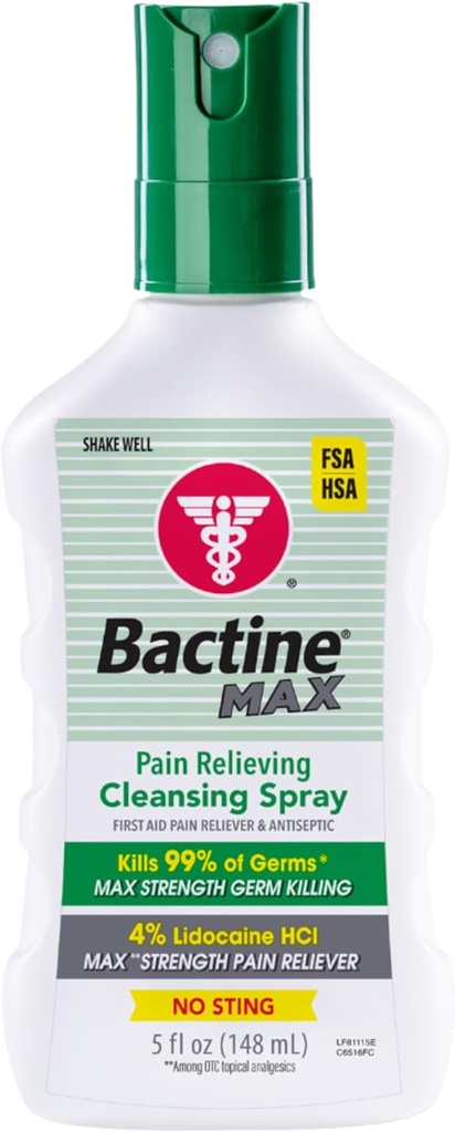Bactine Max Pain Relieving Antiseptic Spray with Lidocaine, First Aid Pain + Itch Relief, No-Sting, Kills 99% of Germs*, 5oz