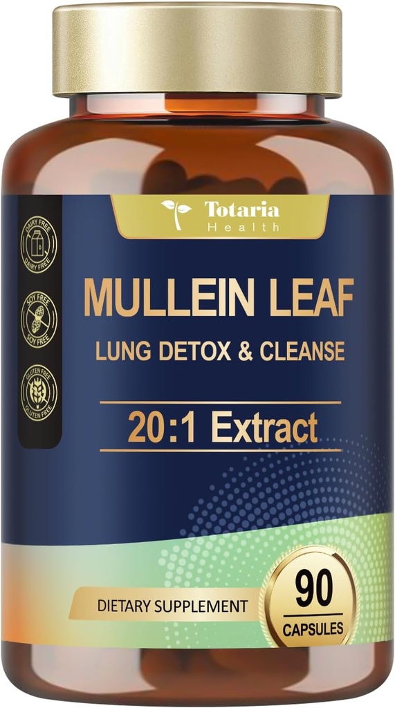 Totaria Mullein Capsules with Calendula for Lung Detox & Cleanse, Mullein Leaf Extract for Lungs Herbal Supplements for Respiratory Health & Immunity - 90 Vegan Caps
