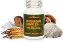 Mushroom Complex with Anti-Aging. Natural Mushroom-Based Anti-Aging Supplements with Chaga, Lion’s Mane, Cordyceps, Reishi, Collagen, Hyaluronic Acid, Vitamins B1, B2, B6, C, D.