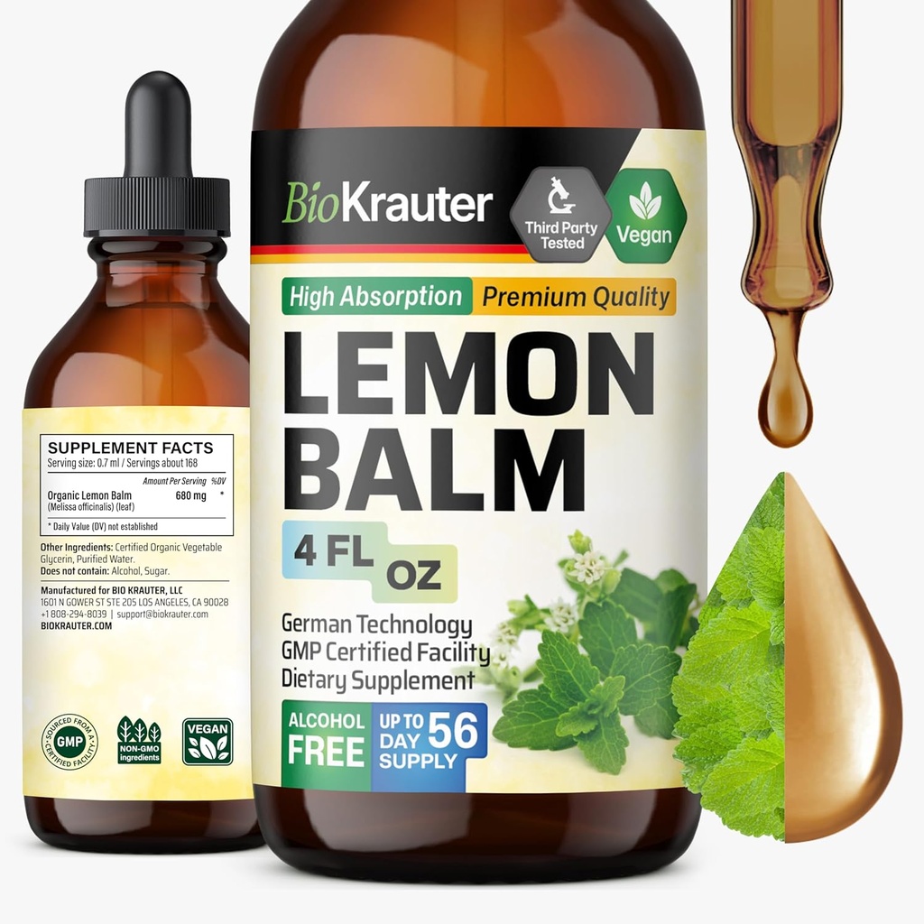 BIO KRAUTER Lemon Balm Leaf Extract - Vegan Melissa Lemon Balm Tincture for Calmness Support - Sugar & Alcohol-Free - 4 Fl. Oz.