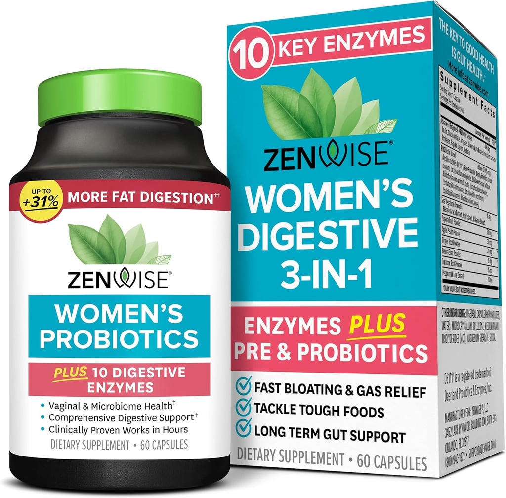 Zenwise Health 3-in-1 Womens Probiotic Supplement for Digestive, Gut Flora & Vaginal Health - Daily Probiotics & Prebiotics for Women with Digestive Enzymes Supports Bloating & Gas Relief - 60 Count
