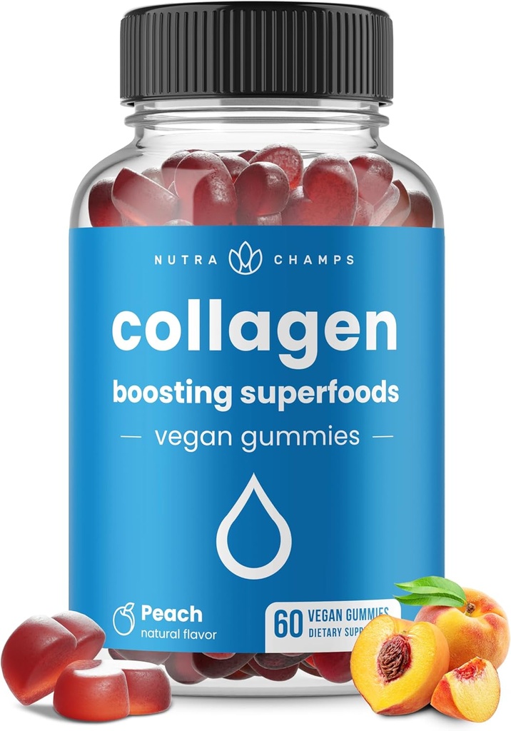 NutraChamps Collagen Boosting Gummies, Collagen Booster Gummy for Natural Collagen Production, Vegan Pectin Supplements Chews for Women & Men, 60 Peach Vitamins Gummies