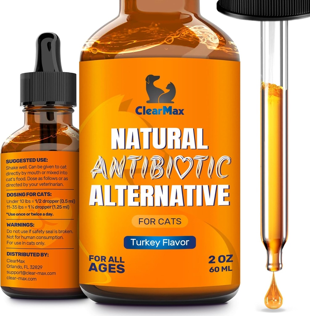 Antibiotics for Cats in Drops – Сat Respiratory Infection Treatment: Cold, Cough, and Allergies – Cat UTI Treatment with Turkey Flavor – May Support Hips & Joints – Proper for All Ages & Breeds – 2 Oz