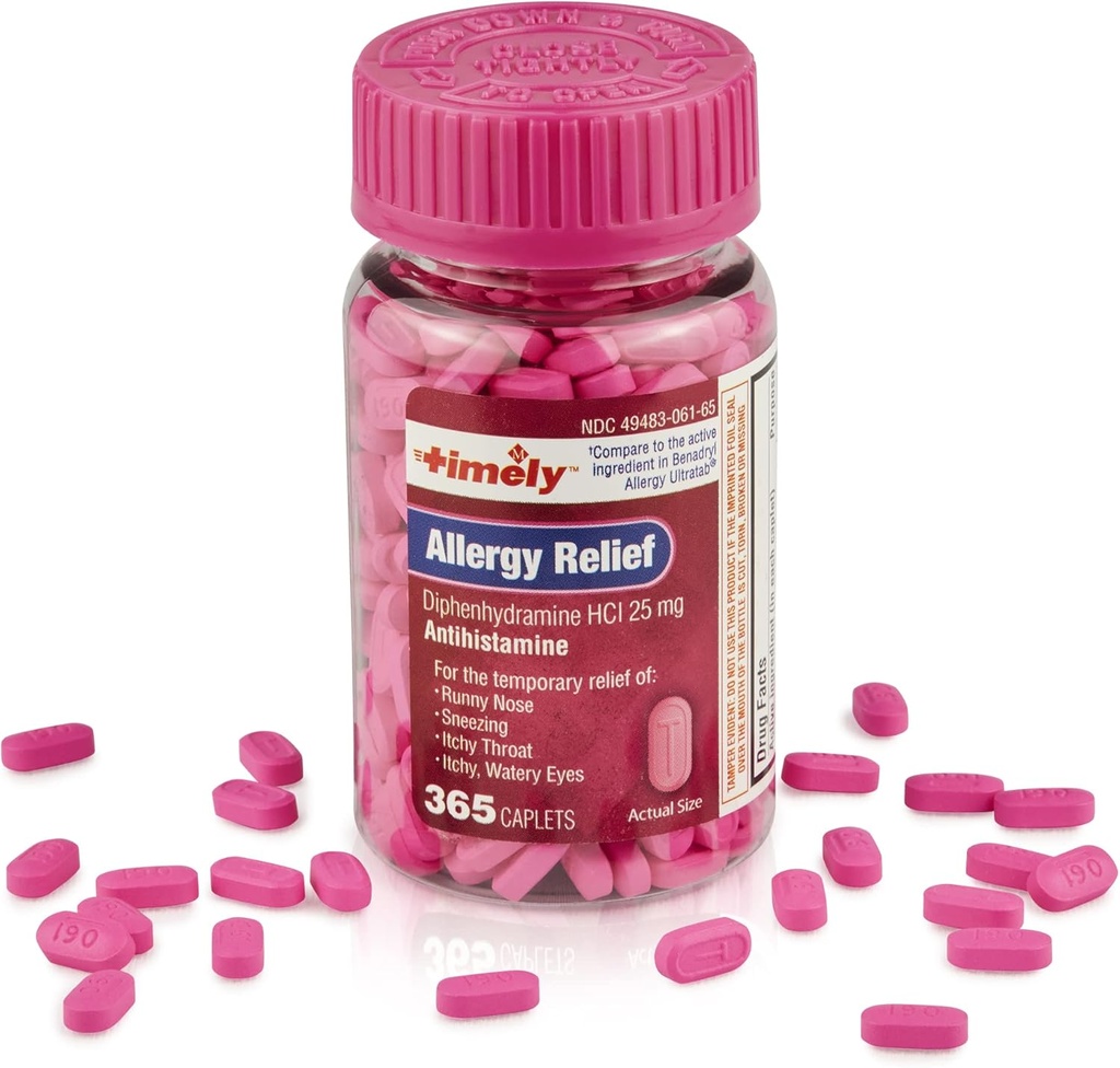 Timely Allergy Relief Diphenhydramine HCl 25 mg - 365 Caplets - Compared to Benadryl Allergy Ultratab - Antihistamine - Allergy Medication - Runny Nose Relief for Adults - Watery Eyes Treatment