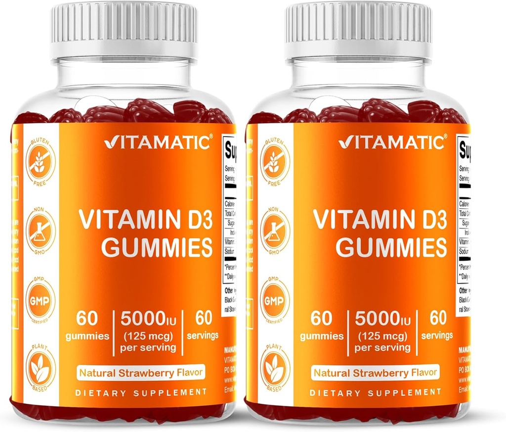 Vitamatic Vitamin D3 Gummies – 5000 IU Per Gummy | 60 Gummies per Bottle | Pack of 2 (Total 120 Count) Great Taste | Supports Bone, Teeth, Mood, Joint & Immune Health
