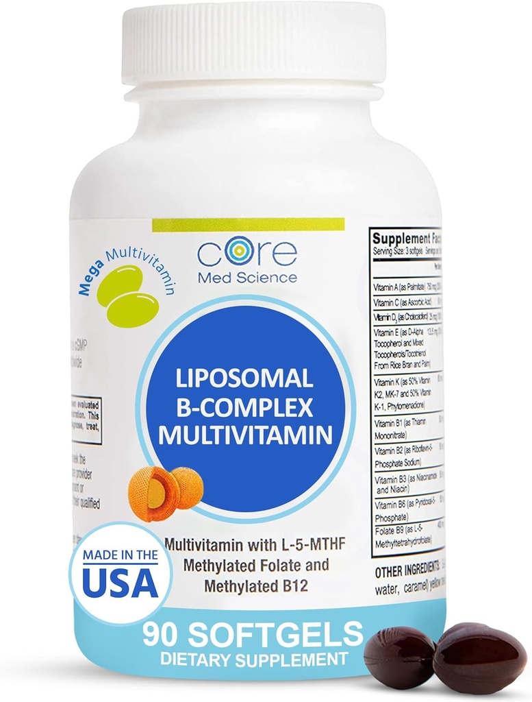 Core Med Science Liposomal Methylated Multivitamin B-Complex, 90 Softgels - Non-GMO Active Super B Complex Vitamin Supplement for Heart Health - VIT Methyl B Complex Immune Support Supplement