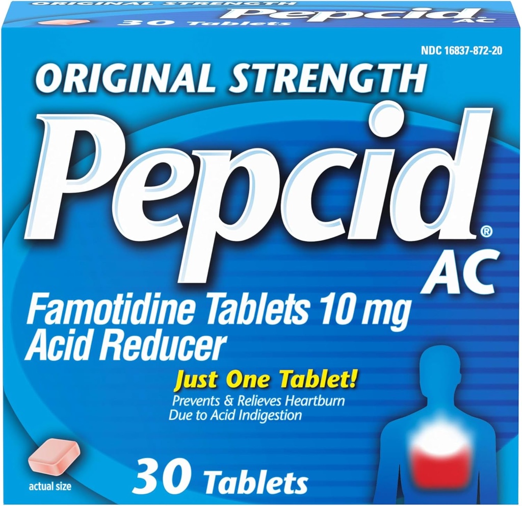 Pepcid AC Original Strength Heartburn Relief Tablets, OTC Medicine Prevents & Relieves Heartburn & Acid Reflux Due to Acid Indigestion, 10mg Famotidine Acid Reducer, Fast-Acting, 30 ct