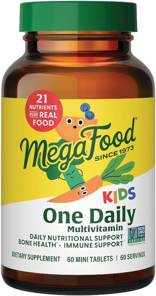 MegaFood Kids One Daily Multivitamin - Convenient Mini Multivitamin for Kids - with Zinc, Vitamins C, B & D - Vegetarian, Gluten Free, Non GMO - 60 Tablets, 60 Servings