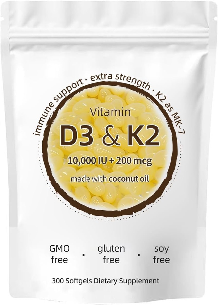 Vitamin D3 K2 Supplement, 10000 IU D3 + 200 MCG K2, 300 Softgels, Non-GMO, Gluten-Free