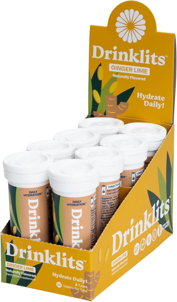 Drinklits Ginger Lime Electrolyte Sports Drink Fizzy Hydration Tablets (8) Tube Bundle | Natural Flavors – 0g Sugar – Daily Use | 80 Servings - 10 Tablets Per Tube