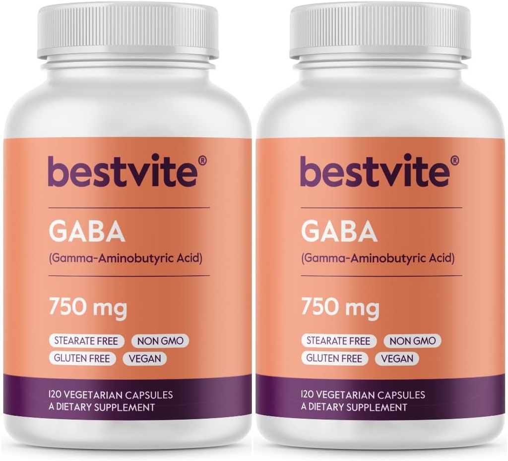 BESTVITE GABA 750mg per Capsule (240 Vegetarian Capsules) (120 x 2) - No Stearates - No Fillers - Vegan - Gluten Free - Non GMO
