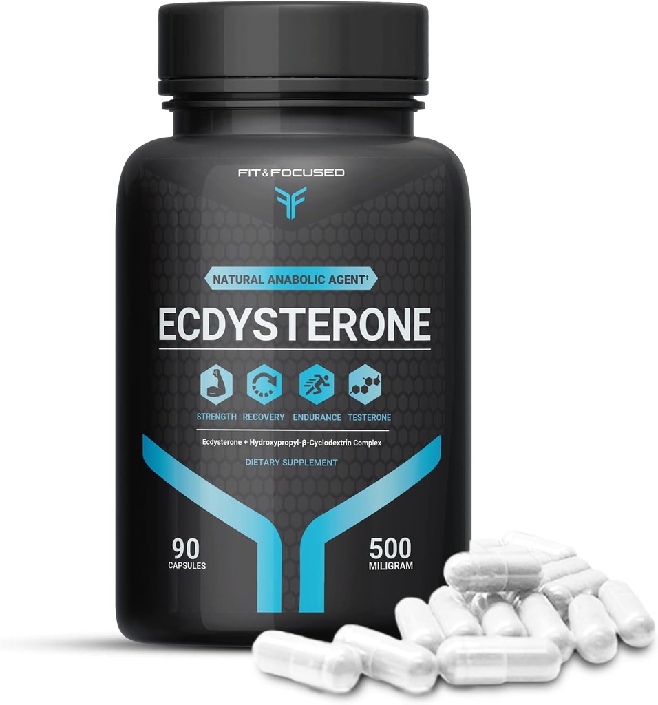 Fit & Focused 500mg Ecdysterone Supplement, 90 Capsules, Natural Anabolic Agent for Lean Muscle Growth & Strength Enhancement, complexed with Hydroxypropyl βeta Cyclodextrin, 3rd Party Tested 95% Pure