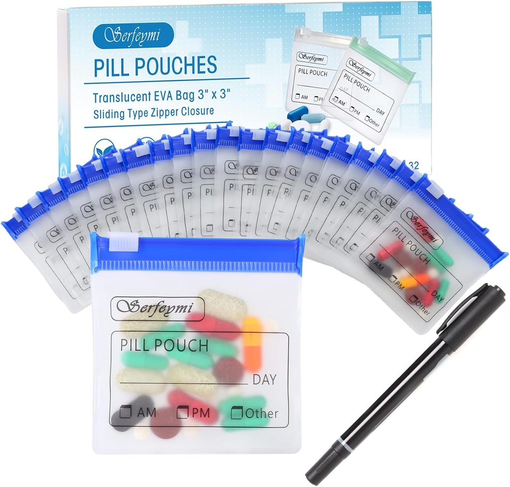 Serfeymi 32 Pcs Zippered Pill Pouches Organizer Plastic Bags 3 X 3 Inches 12 mil Self Sealing with Slide Lock Writable Label Translucent Travel Medicine Storage Bag Case and 1 Pc Marker-Blue