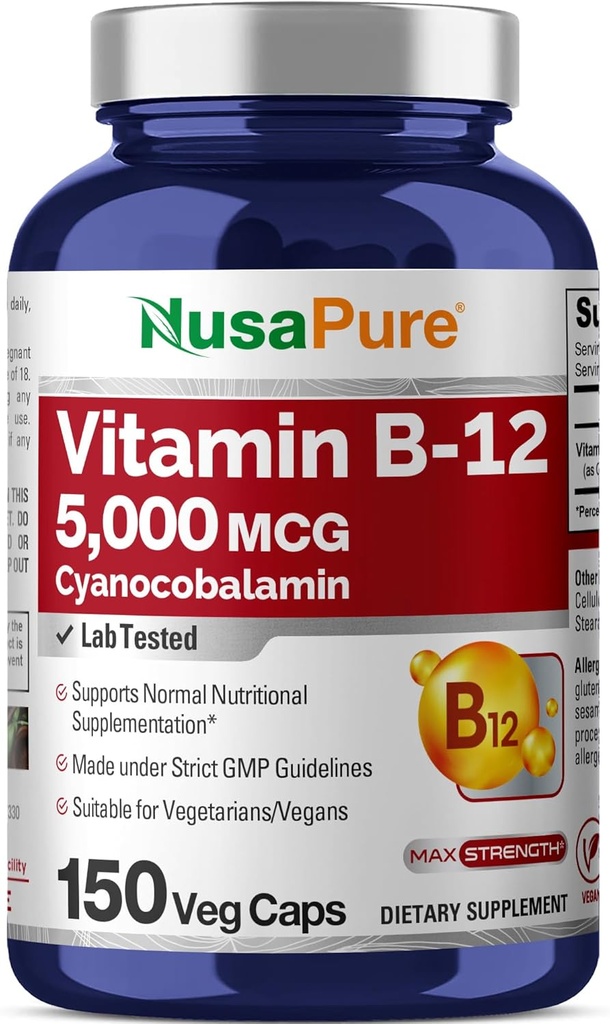 NusaPure Vitamin B12-5000 MCG 150 Veggie Capsules (Non-GMO, Vegan) - Max Strength Vitamin B12