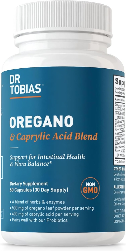 Dr. Tobias Oregano and Caprylic Acid Blend, Gut Flora Balance Complex with Probiotics & Enzymes for Intestinal and Immune Support, Gut Health Supplements for Women & Men, 60 Capsules, 30 Servings